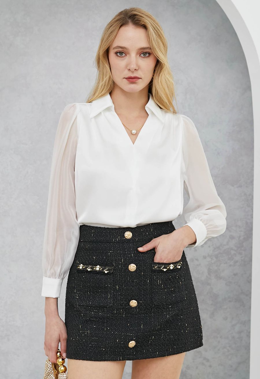 Button Decor Beaded Tweed Mini Bud Skirt in Black