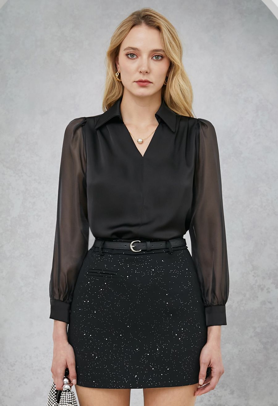Starry Night Belted Mini Bud Skirt in Black