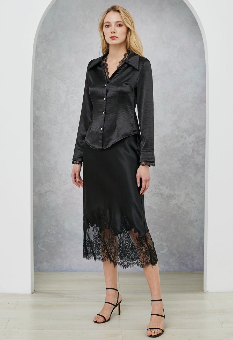 V-Neck Lace Panelled Button Down Satin Shirt in Black