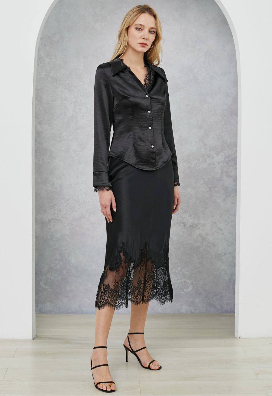 V-Neck Lace Panelled Button Down Satin Shirt in Black