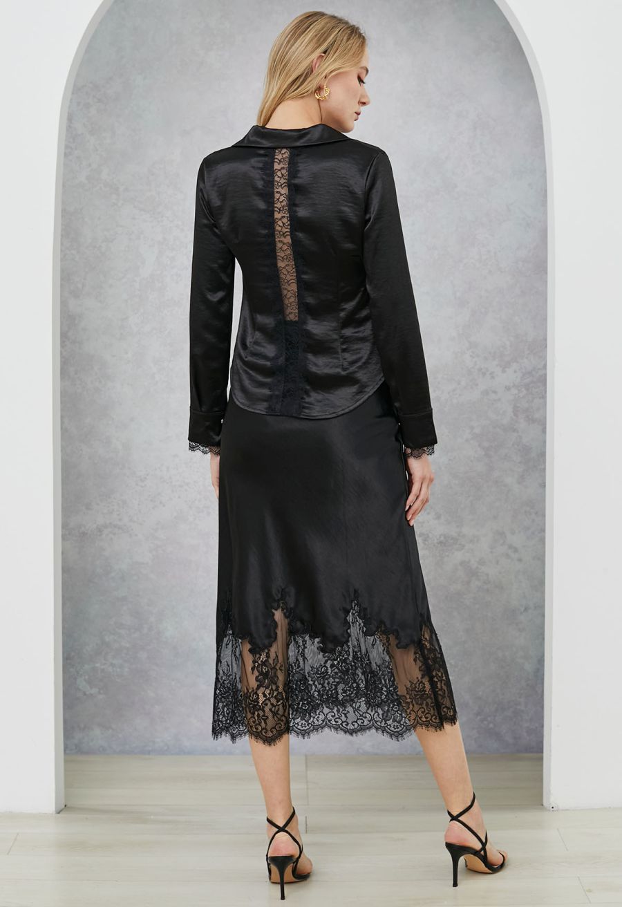 V-Neck Lace Panelled Button Down Satin Shirt in Black