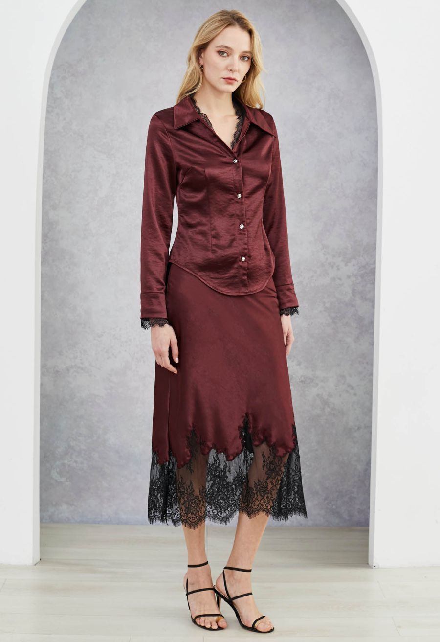 V-Neck Lace Panelled Button Down Satin Shirt in Burgundy