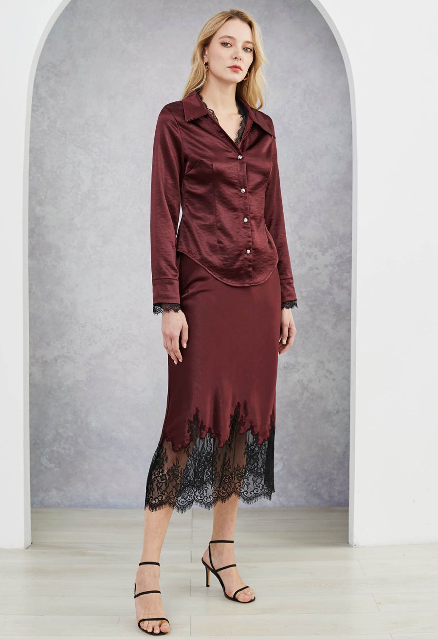 V-Neck Lace Panelled Button Down Satin Shirt in Burgundy