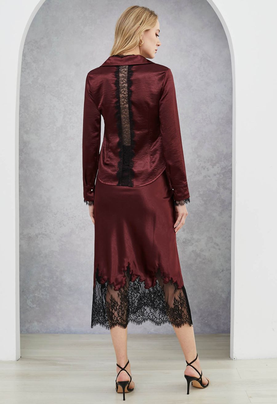 V-Neck Lace Panelled Button Down Satin Shirt in Burgundy