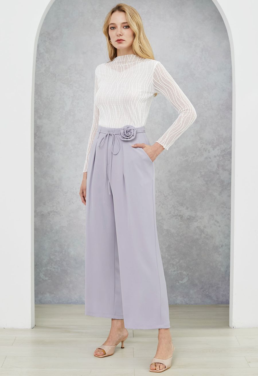 Wavy Mock Neck Sheer Mesh Top in White