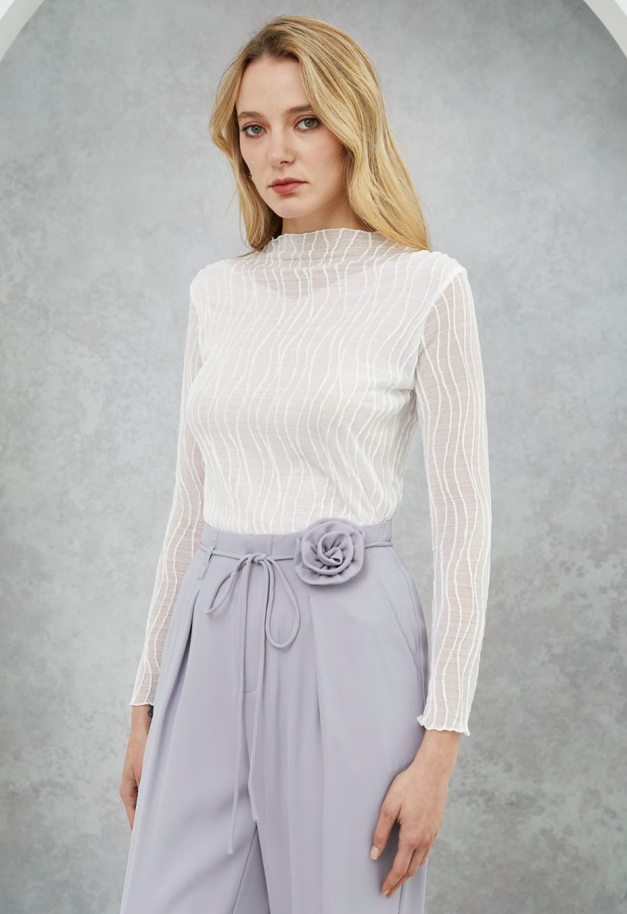 Wavy Mock Neck Sheer Mesh Top in White