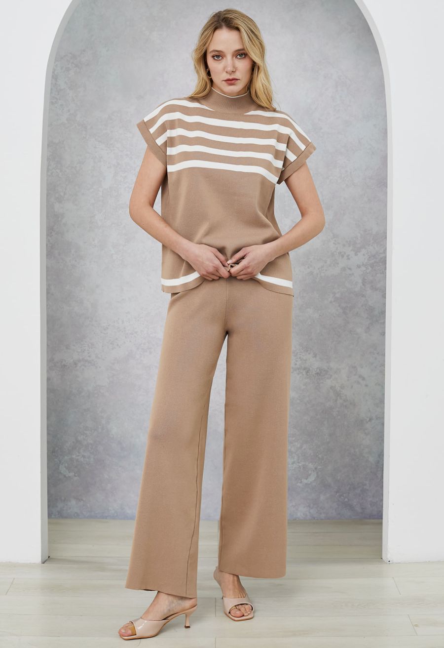 Striped Mock Neck Cap Sleeve Knit Top and Pants Set in Camel