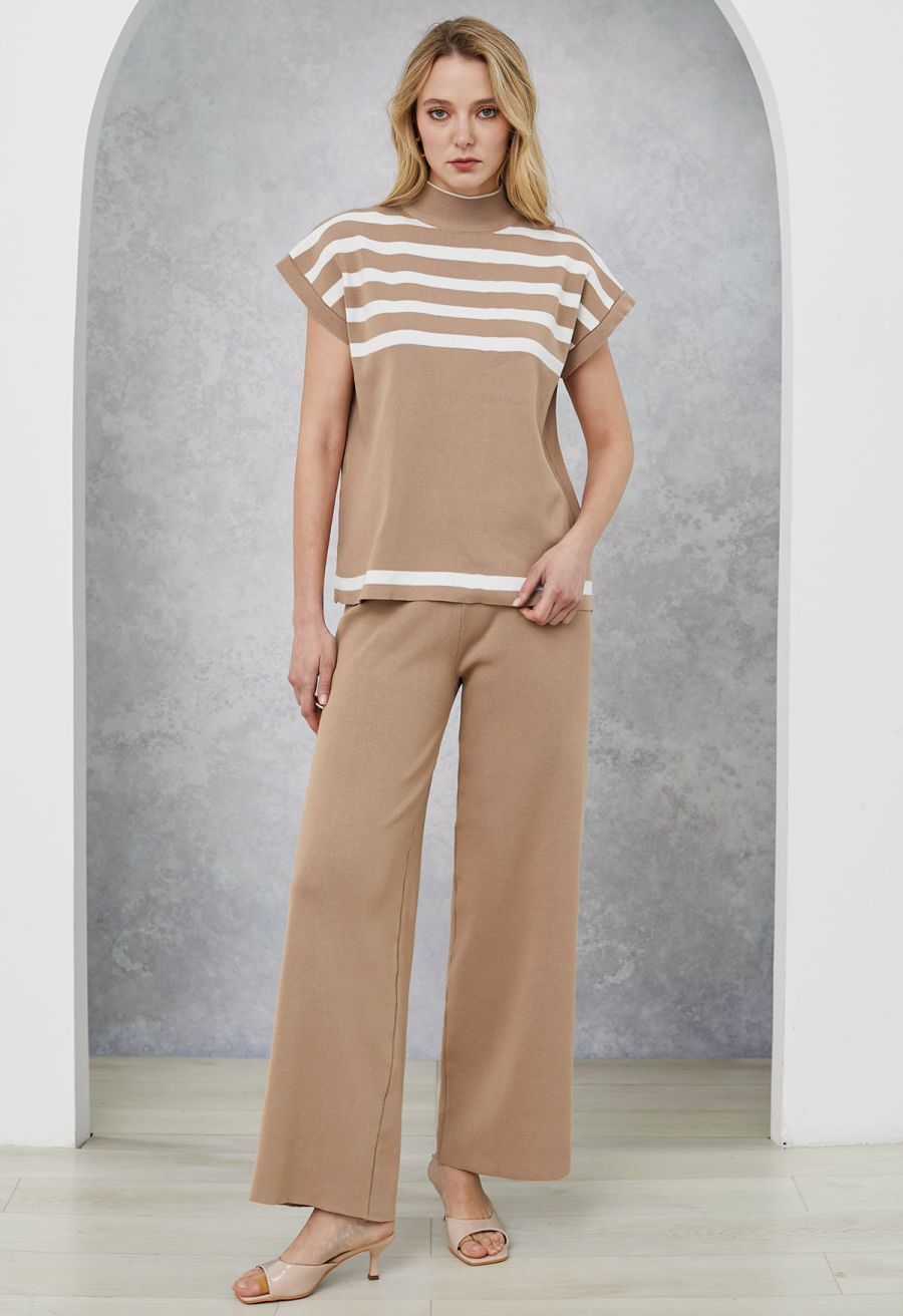 Striped Mock Neck Cap Sleeve Knit Top and Pants Set in Camel