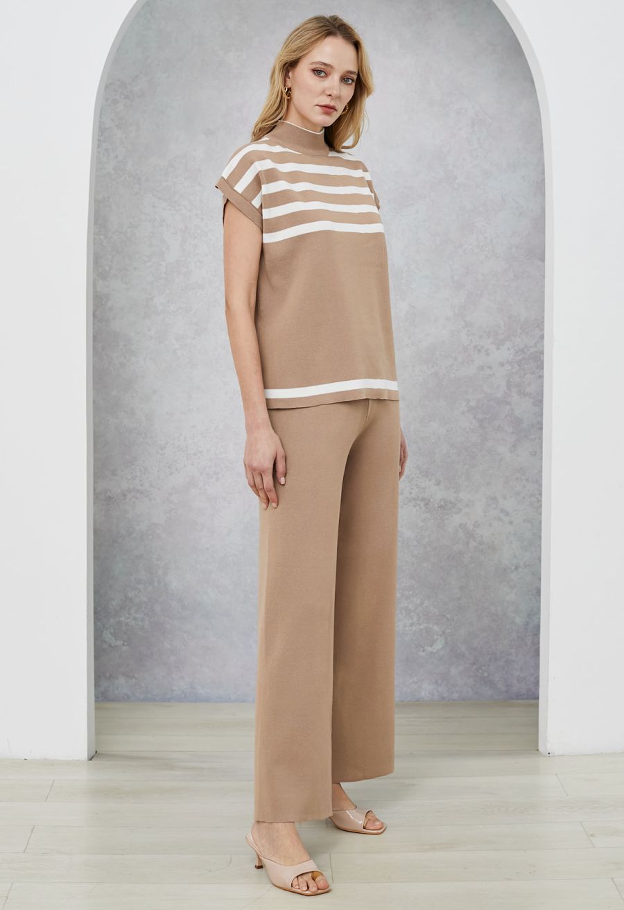 Striped Mock Neck Cap Sleeve Knit Top and Pants Set in Camel
