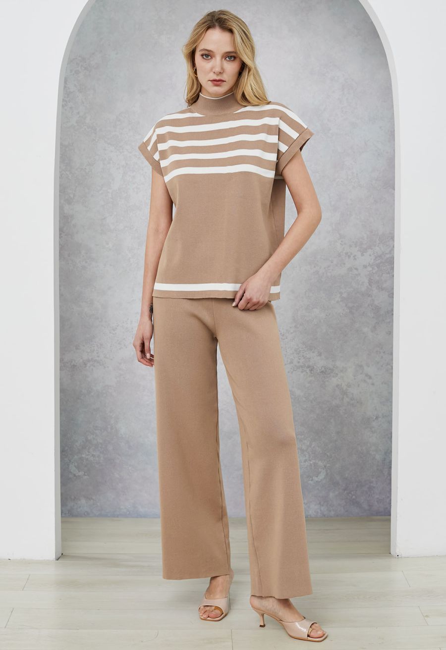 Striped Mock Neck Cap Sleeve Knit Top and Pants Set in Camel
