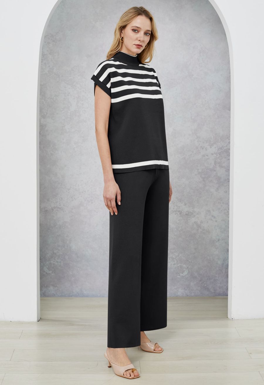 Striped Mock Neck Cap Sleeve Knit Top and Pants Set in Black