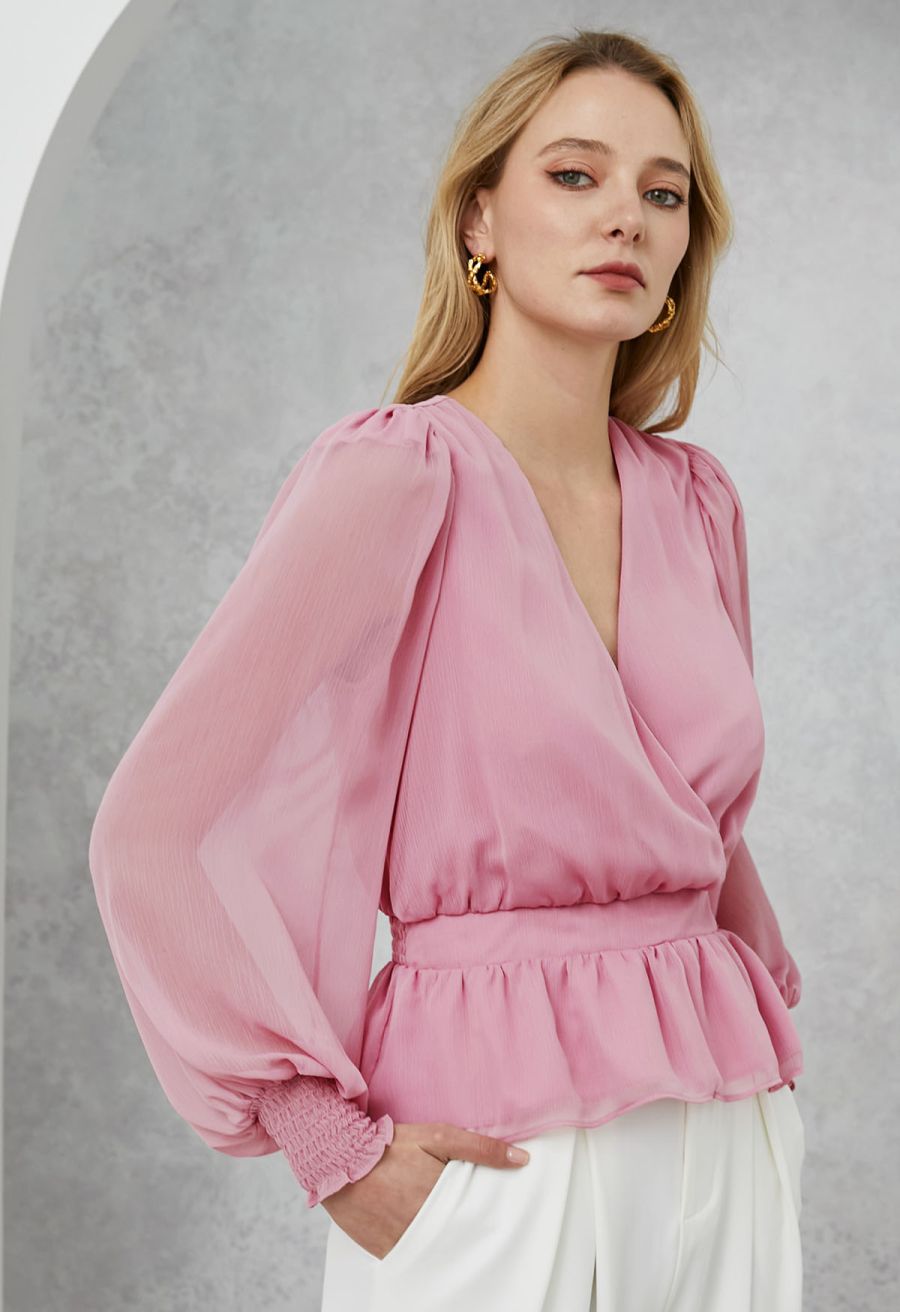 Faux-Wrap Puff Sleeve Peplum Top
