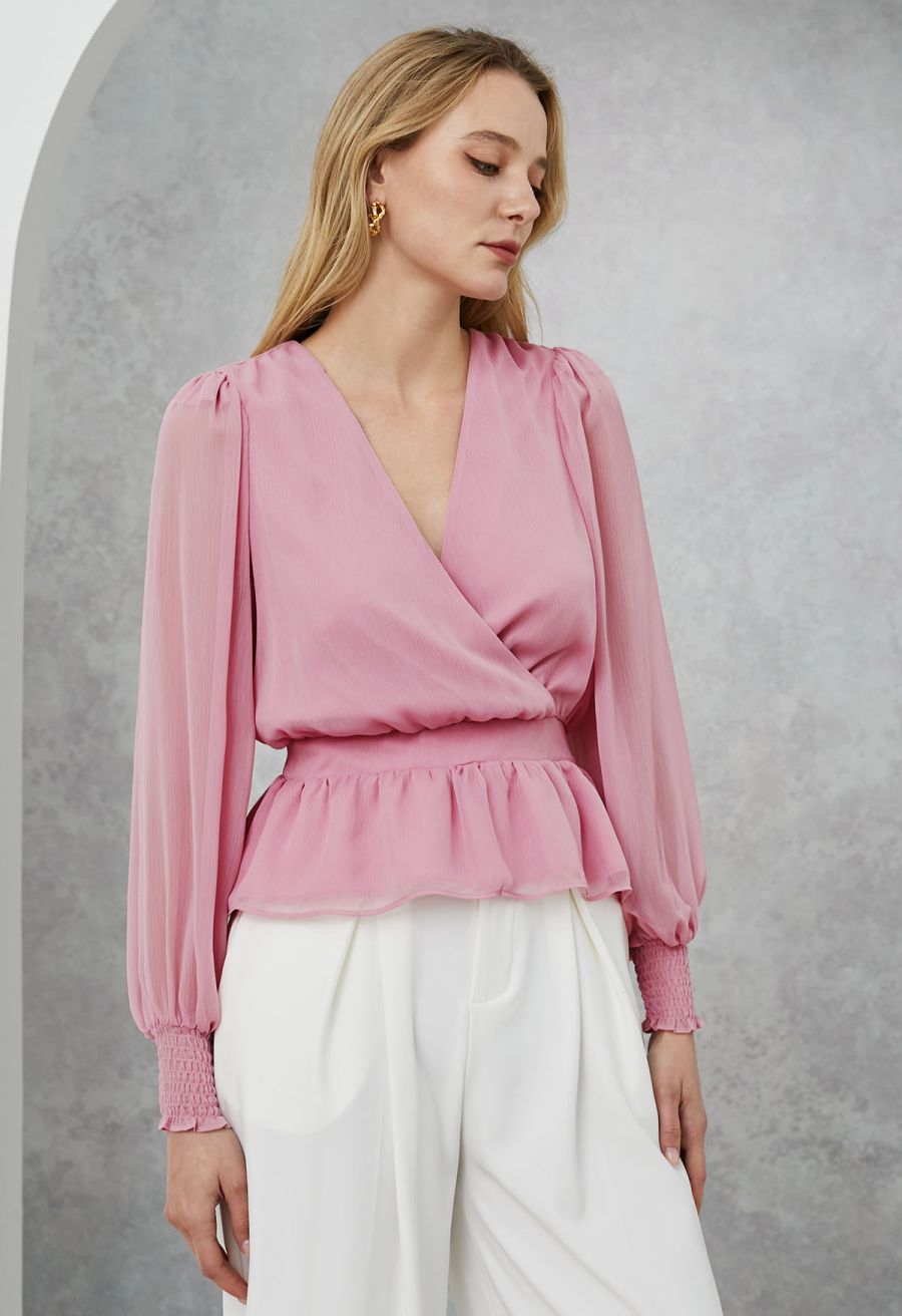 Faux-Wrap Puff Sleeve Peplum Top