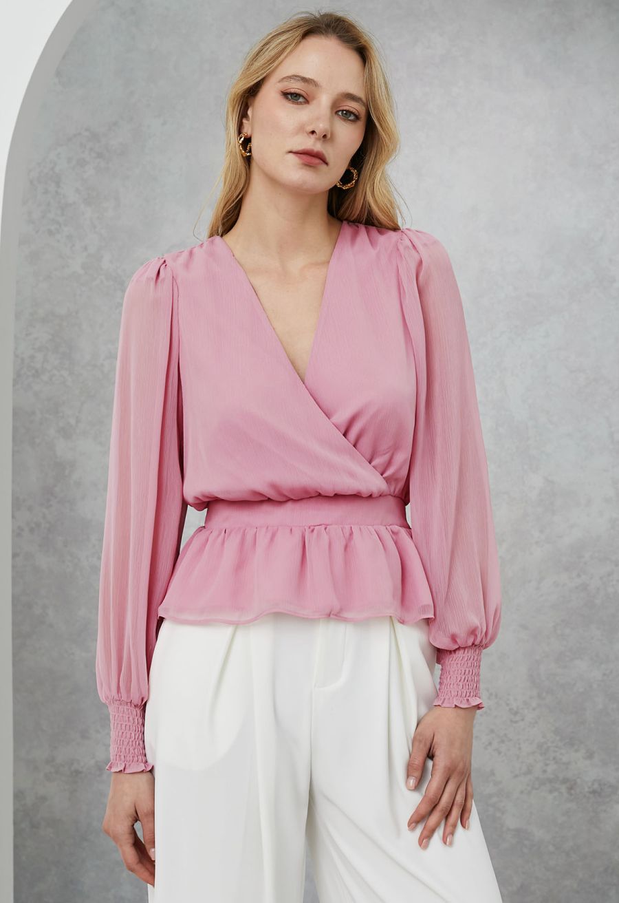 Faux-Wrap Puff Sleeve Peplum Top
