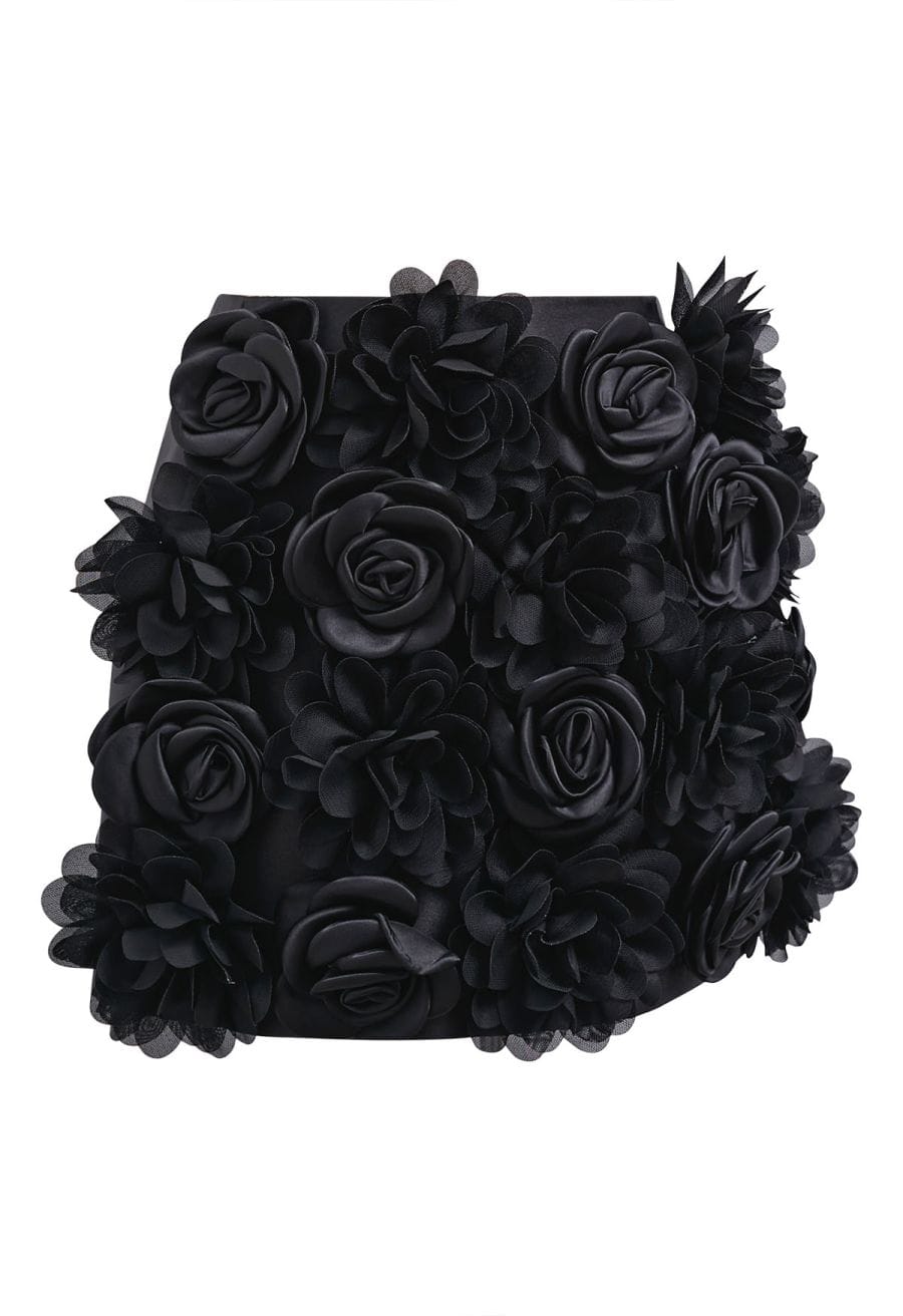 3D Rose Petal Satin Skorts in Black