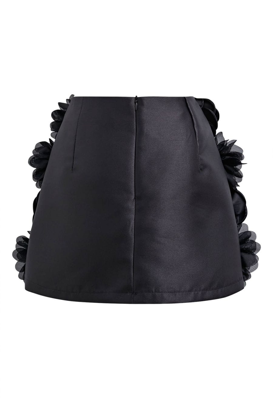 3D Rose Petal Satin Skorts in Black