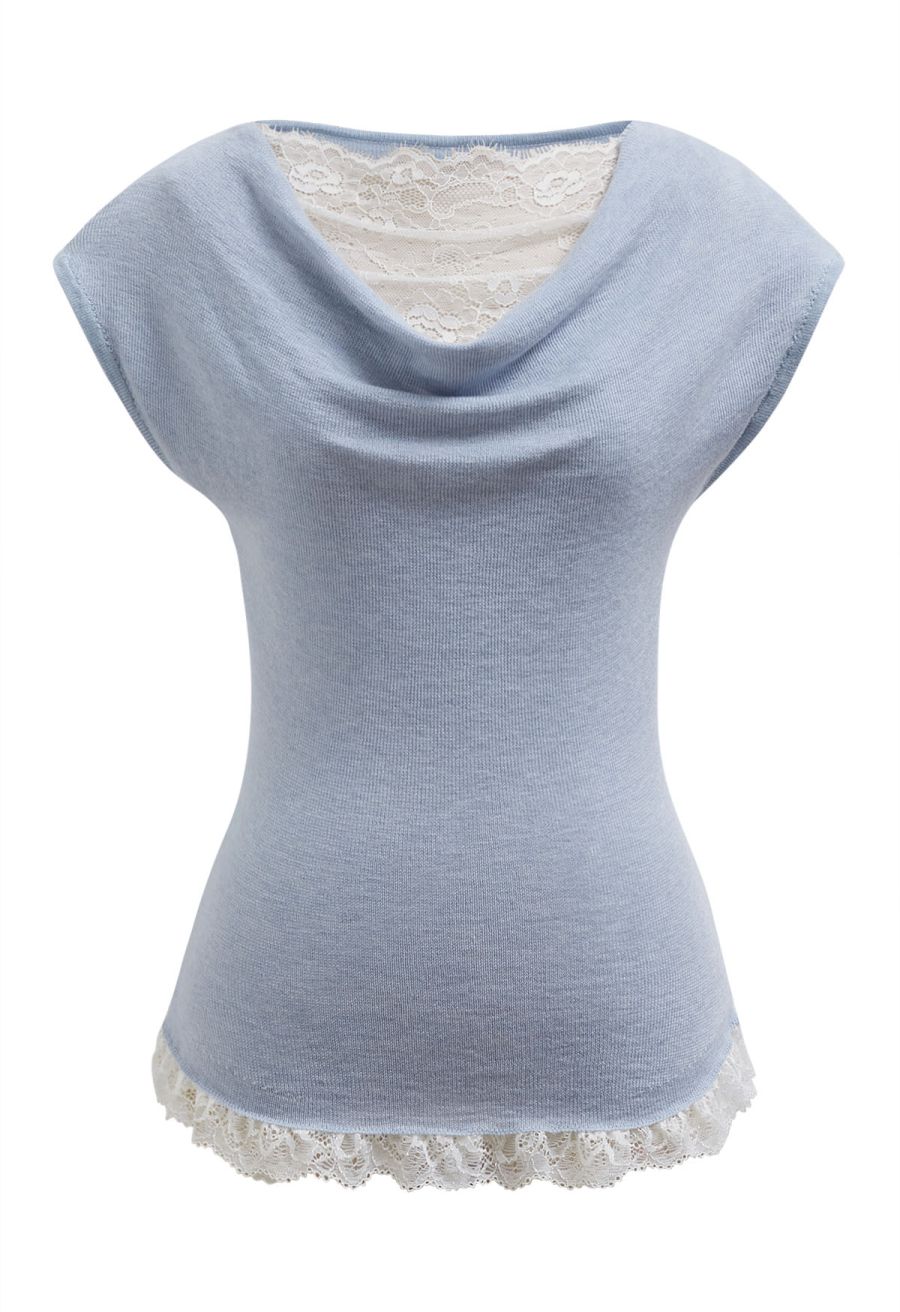 Gentle Lace Inserted Drape Neck Knit Top in Light Blue