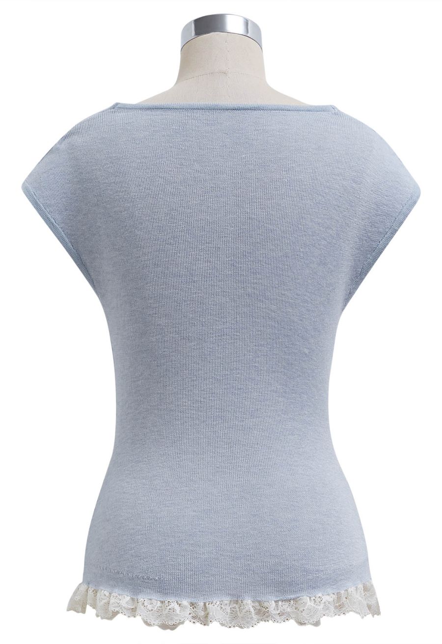 Gentle Lace Inserted Drape Neck Knit Top in Light Blue