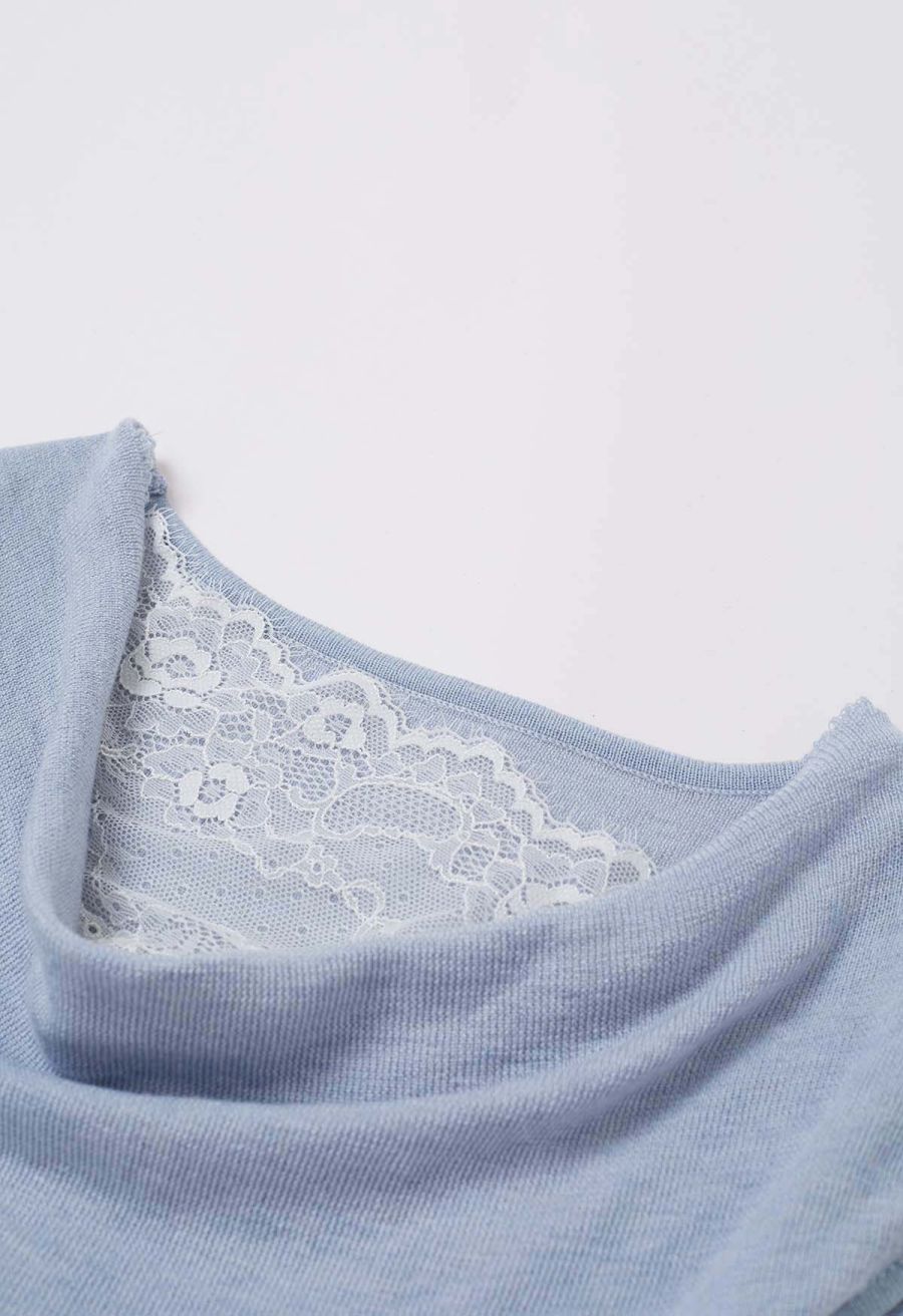 Gentle Lace Inserted Drape Neck Knit Top in Light Blue