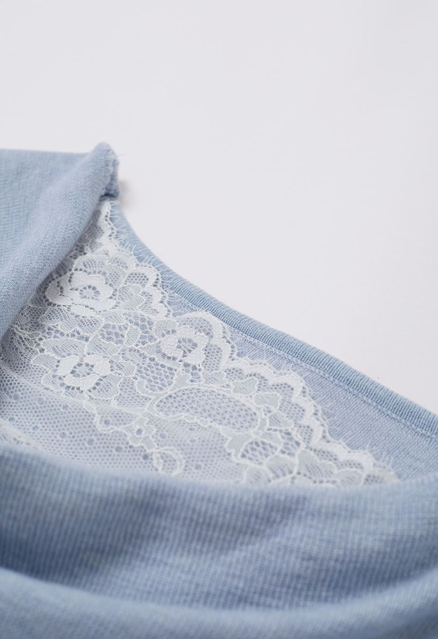 Gentle Lace Inserted Drape Neck Knit Top in Light Blue