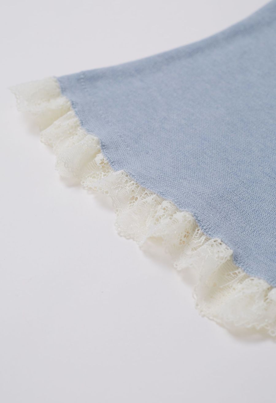 Gentle Lace Inserted Drape Neck Knit Top in Light Blue