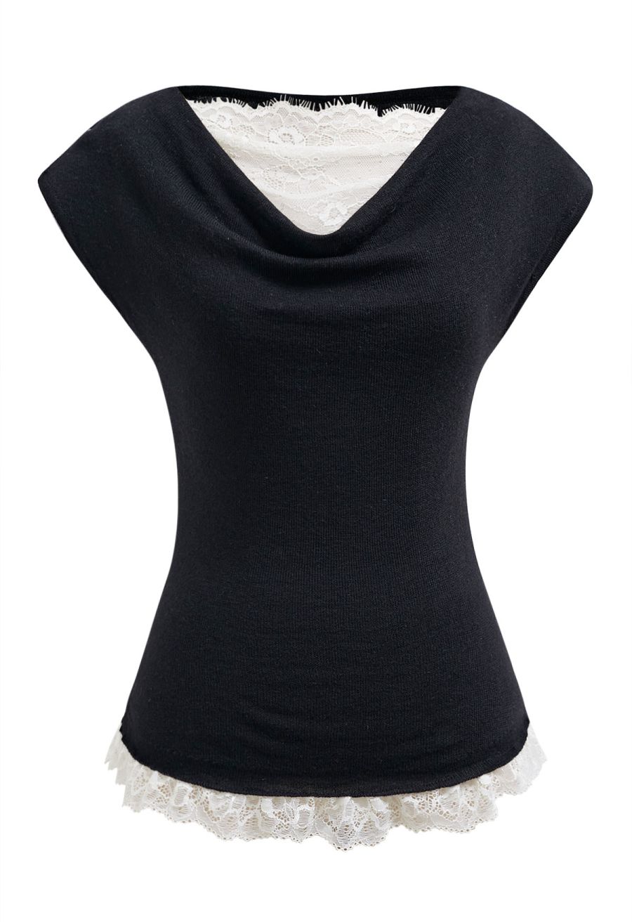 Gentle Lace Inserted Drape Neck Knit Top in Black