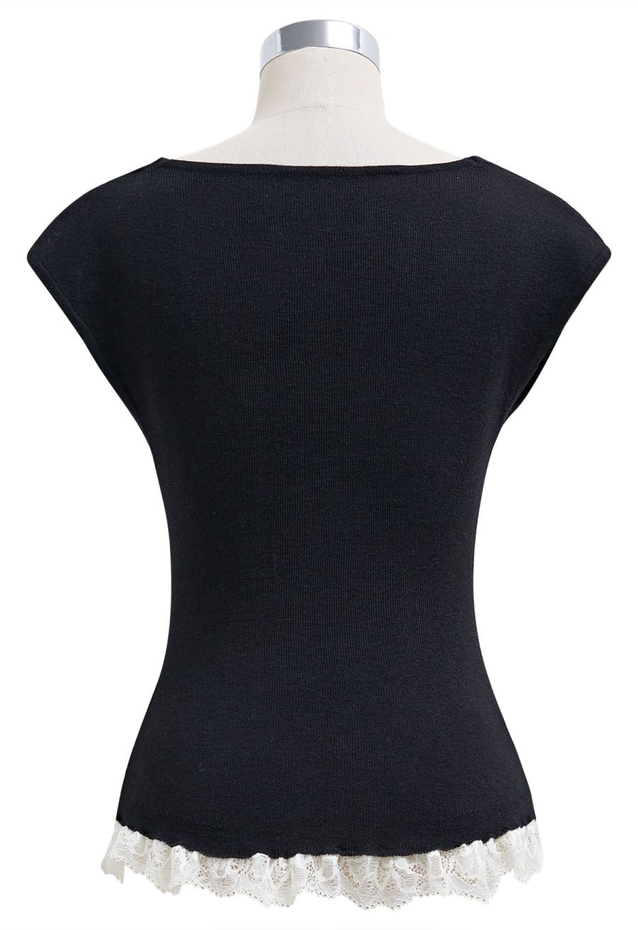 Gentle Lace Inserted Drape Neck Knit Top in Black