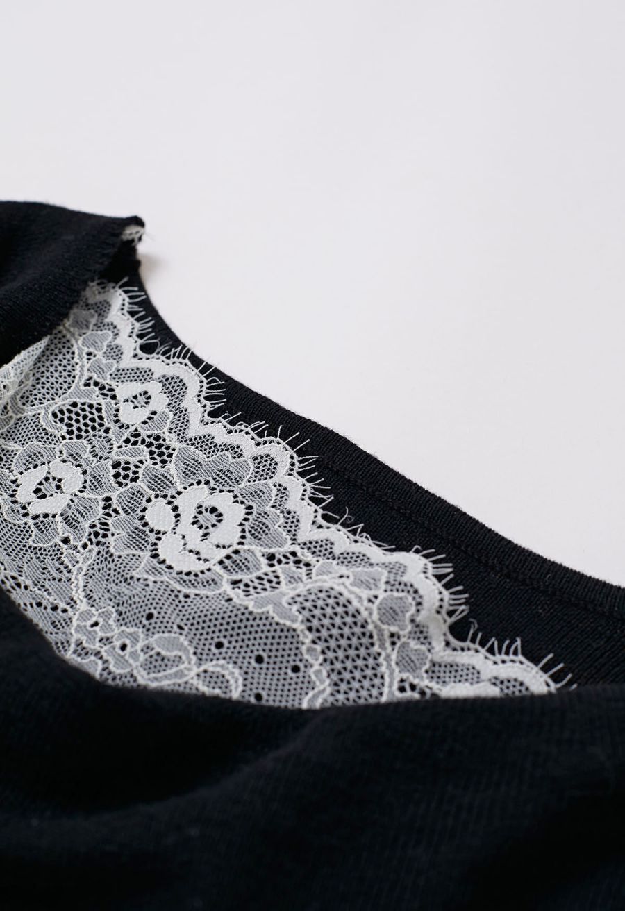 Gentle Lace Inserted Drape Neck Knit Top in Black