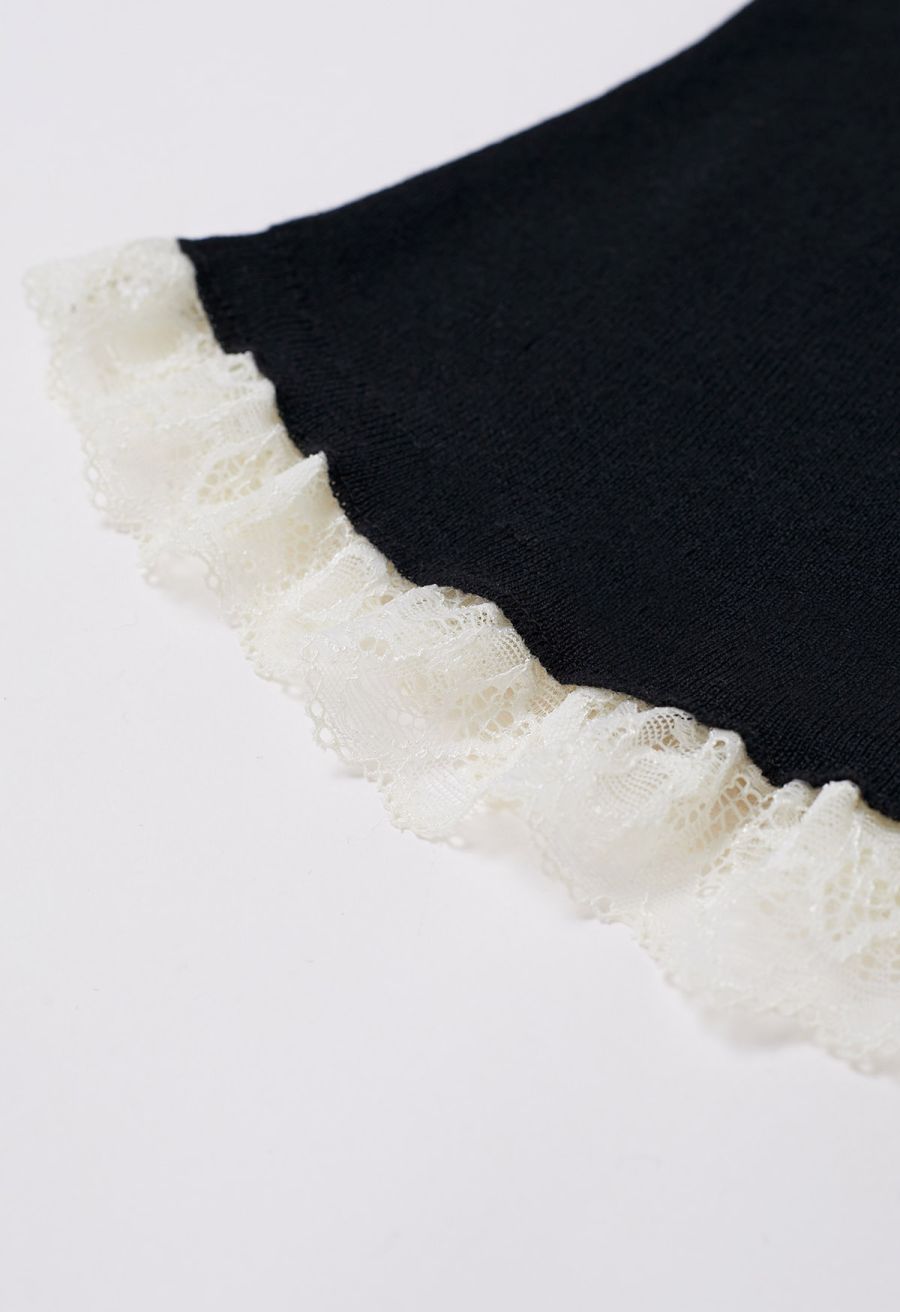 Gentle Lace Inserted Drape Neck Knit Top in Black