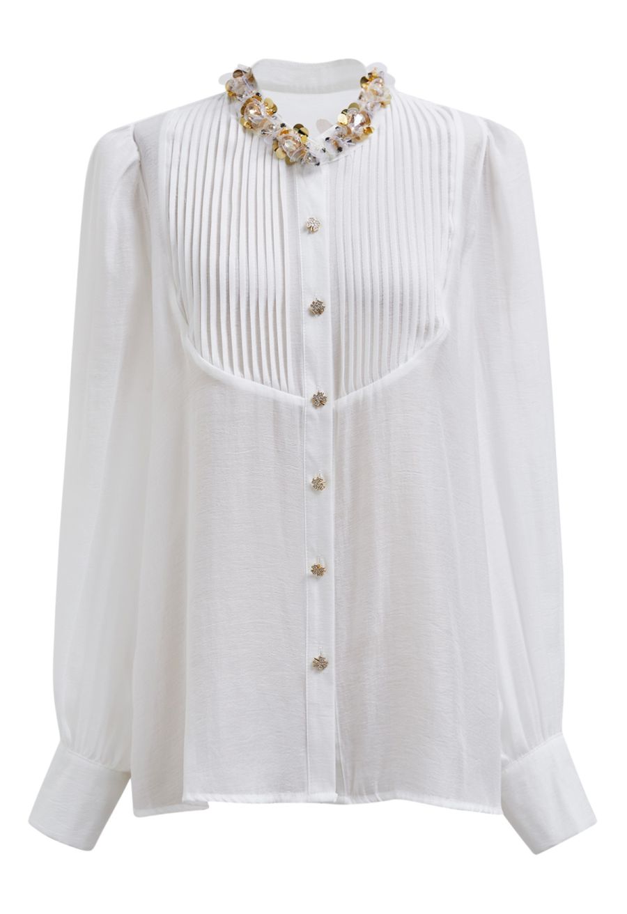 Rhinestones Sequins Trim Pintuck Sheer Buttoned Shirt in White