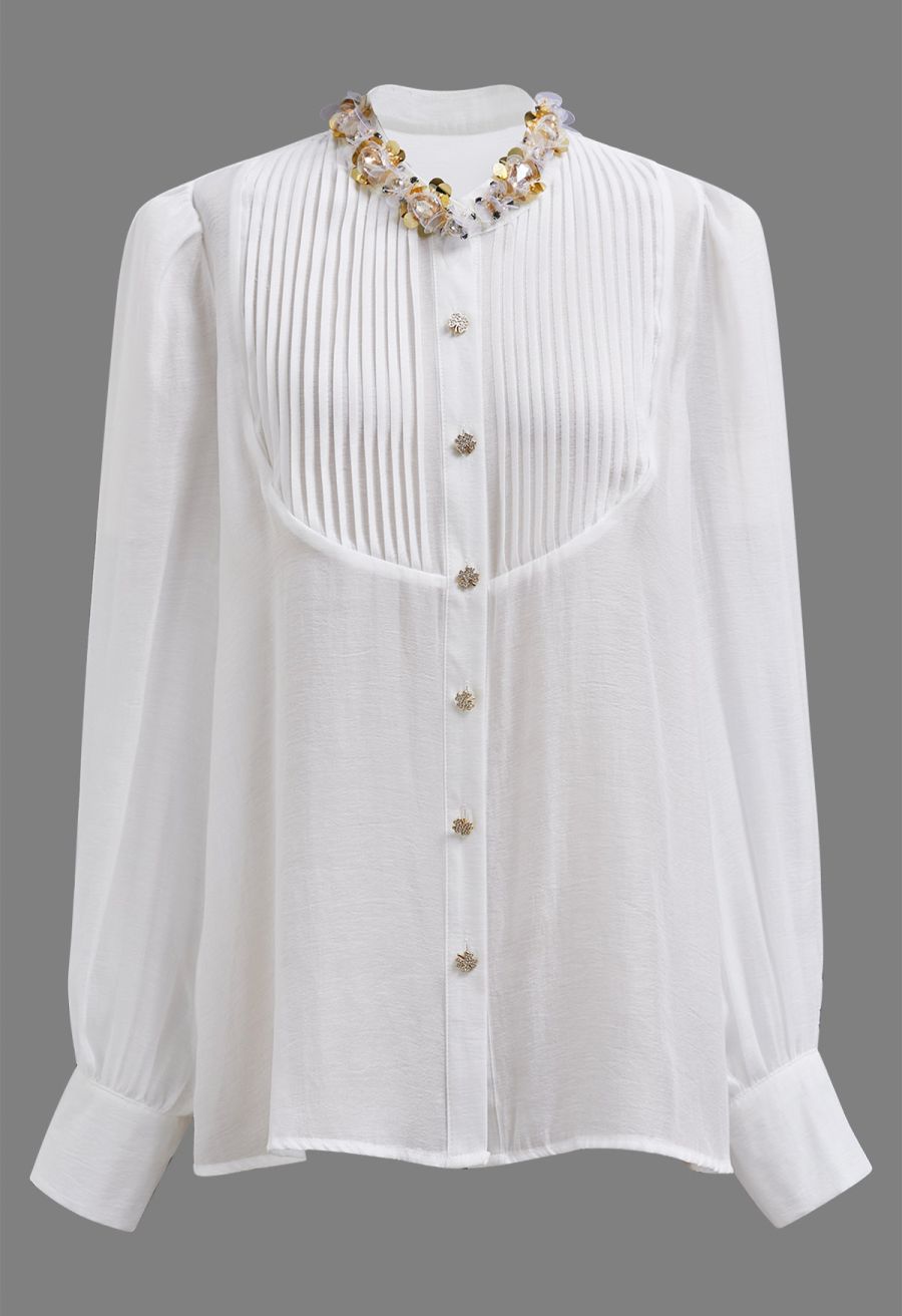 Rhinestones Sequins Trim Pintuck Sheer Buttoned Shirt in White