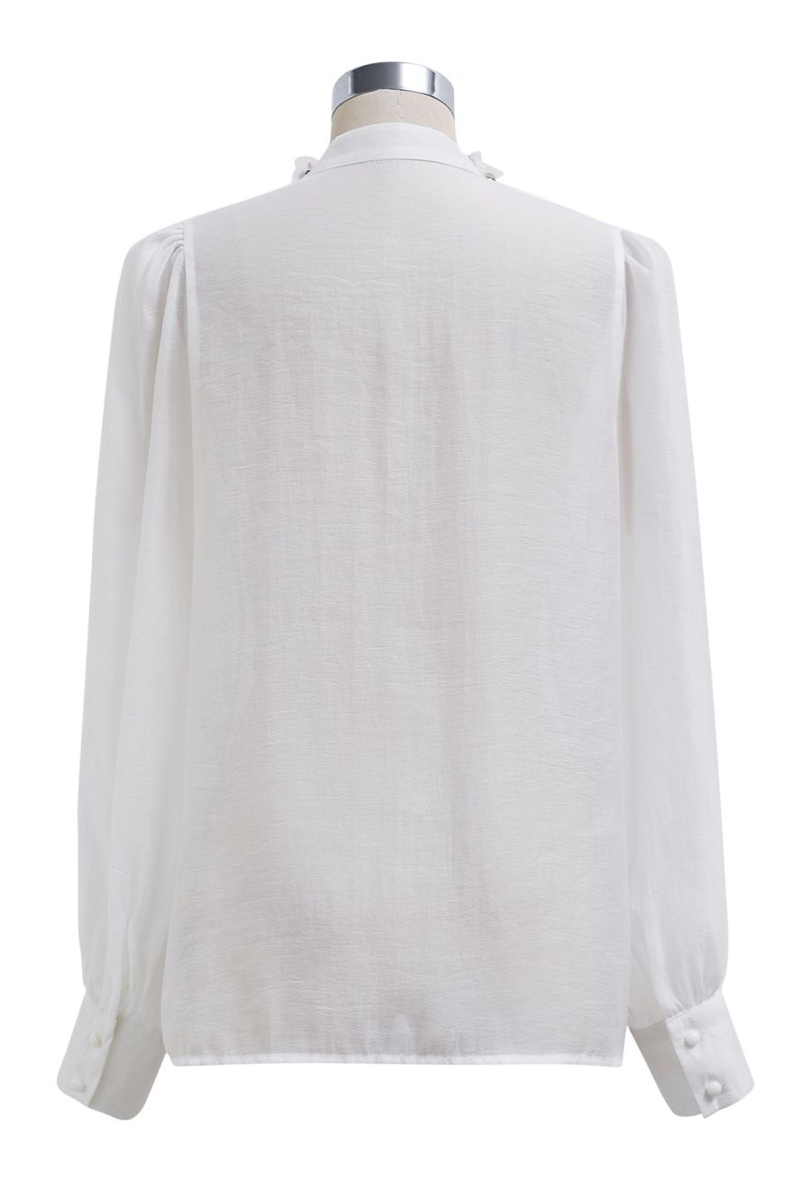 Rhinestones Sequins Trim Pintuck Sheer Buttoned Shirt in White