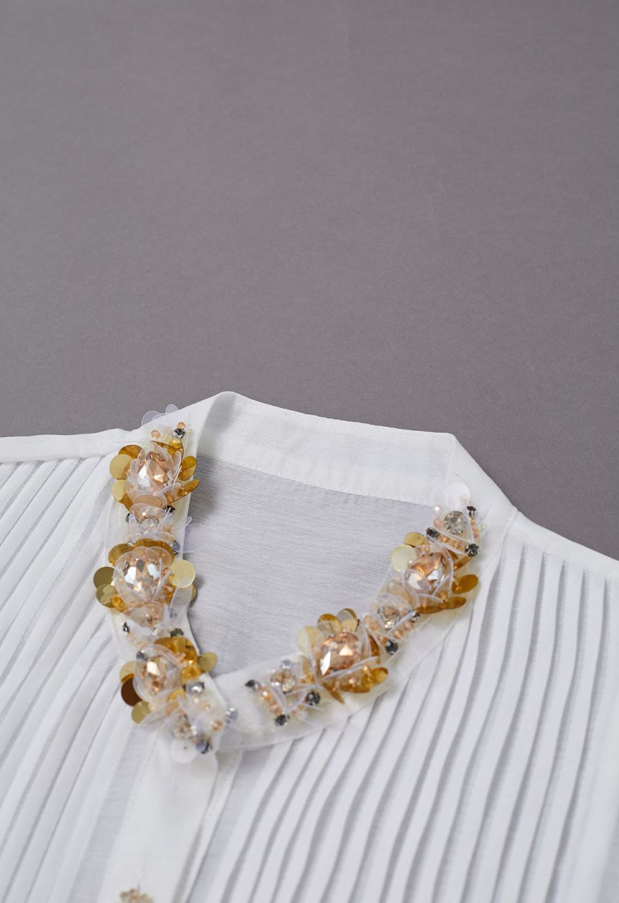 Rhinestones Sequins Trim Pintuck Sheer Buttoned Shirt in White