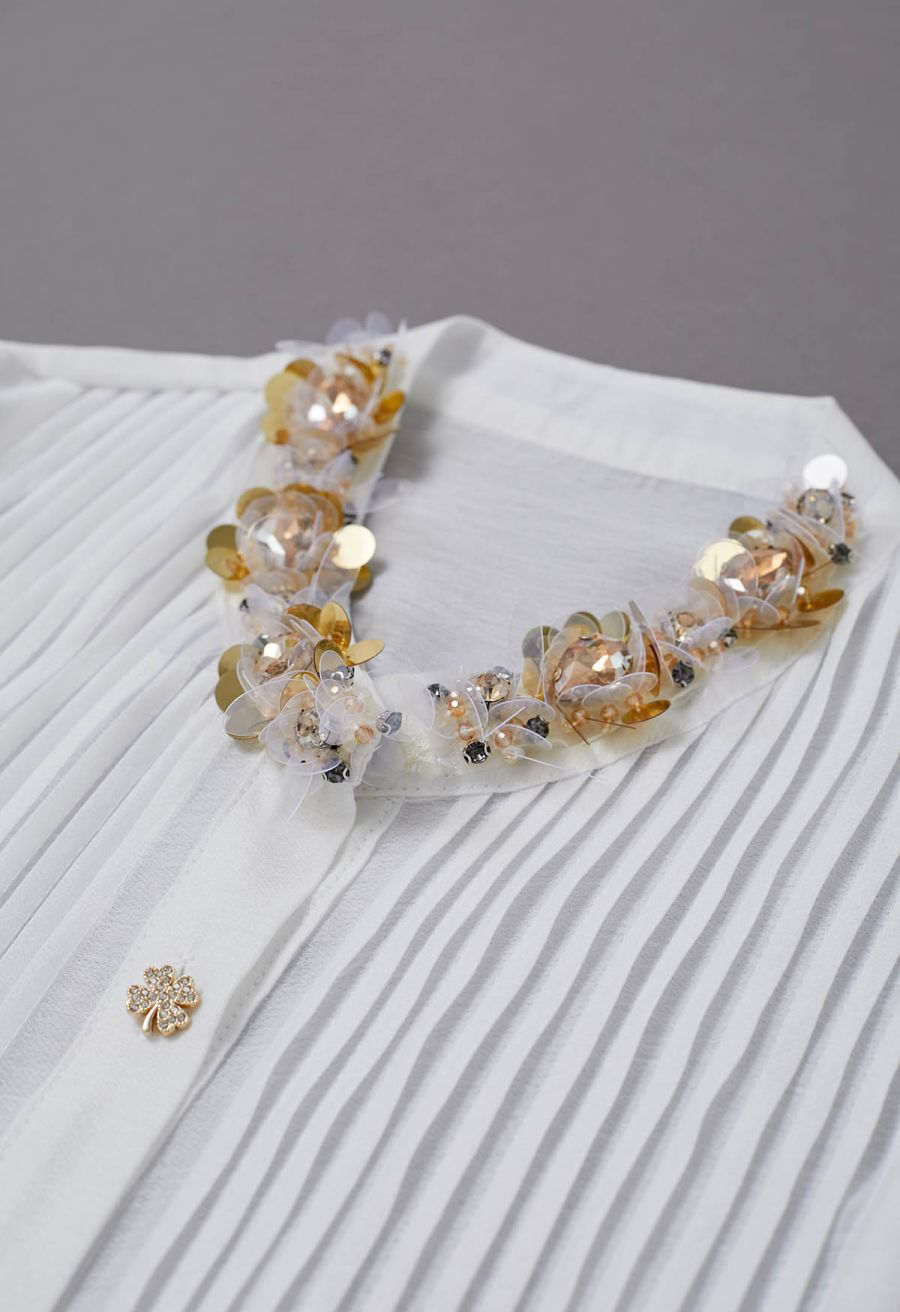 Rhinestones Sequins Trim Pintuck Sheer Buttoned Shirt in White