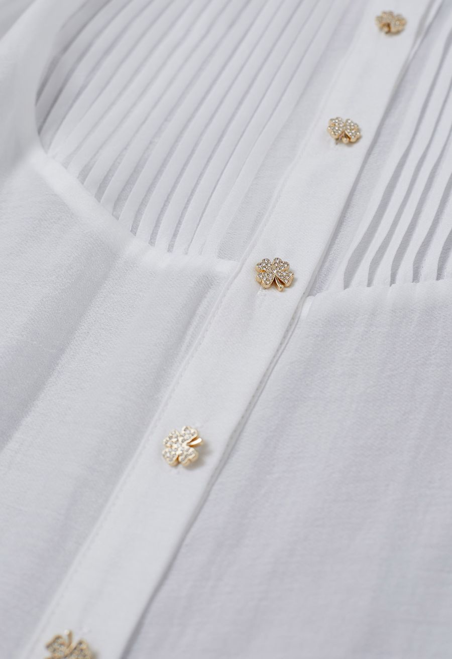 Rhinestones Sequins Trim Pintuck Sheer Buttoned Shirt in White