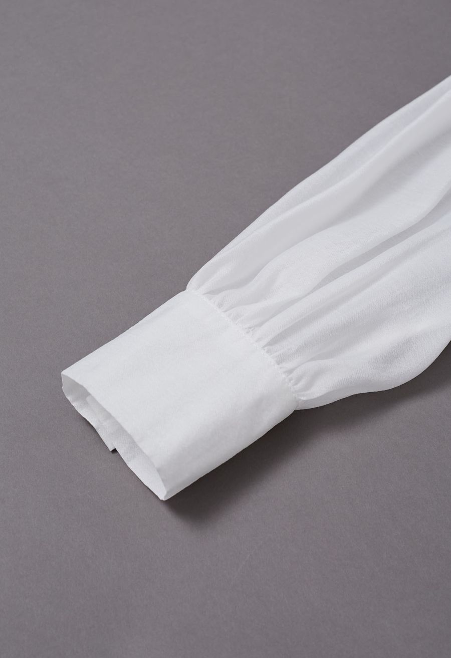 Rhinestones Sequins Trim Pintuck Sheer Buttoned Shirt in White