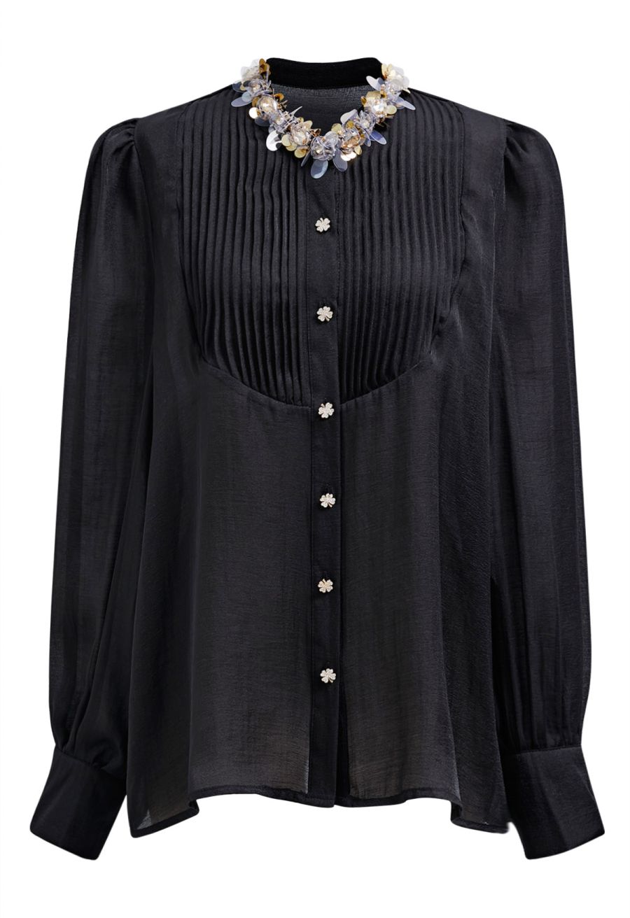 Rhinestones Sequins Trim Pintuck Sheer Buttoned Shirt in Black