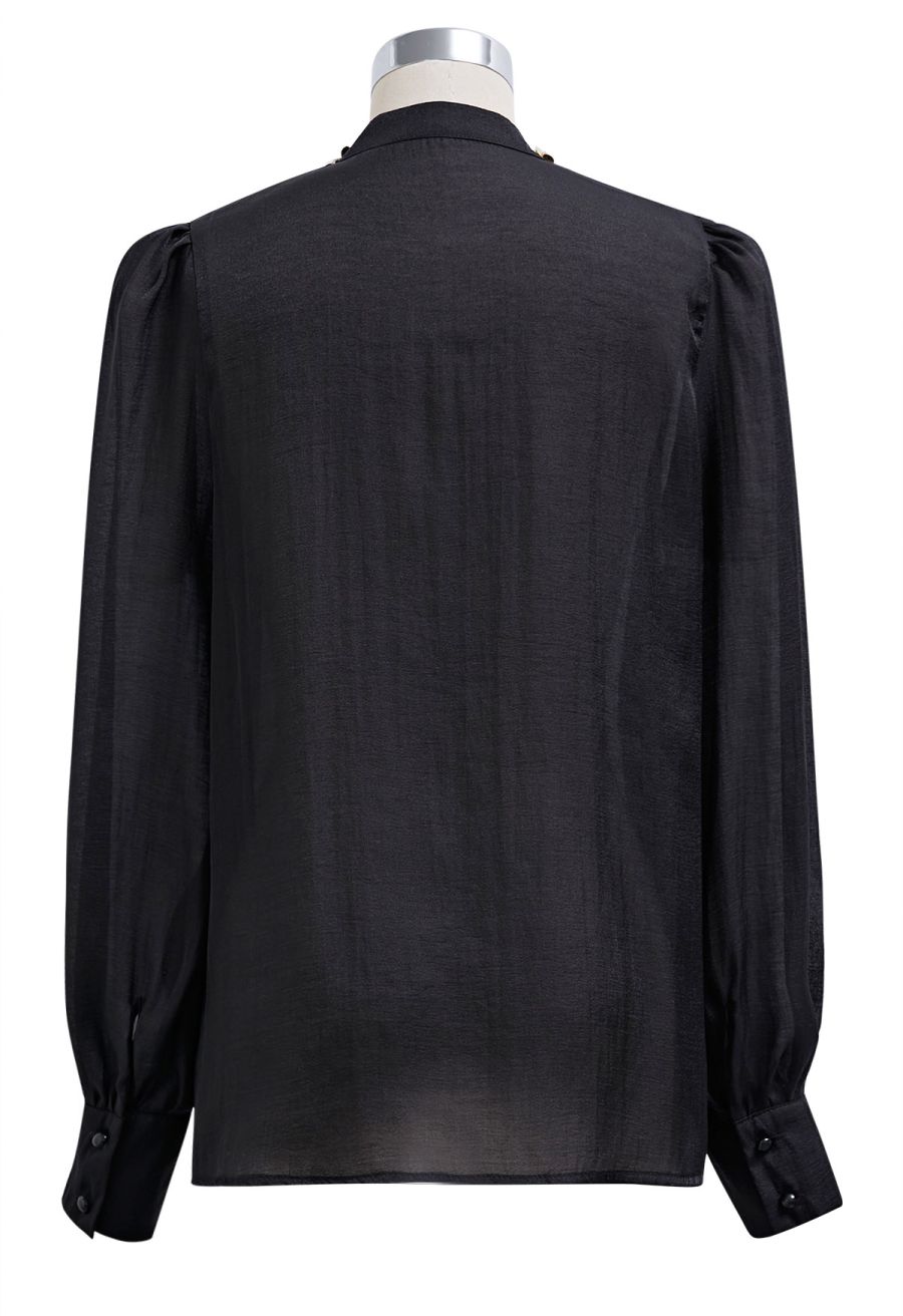 Rhinestones Sequins Trim Pintuck Sheer Buttoned Shirt in Black