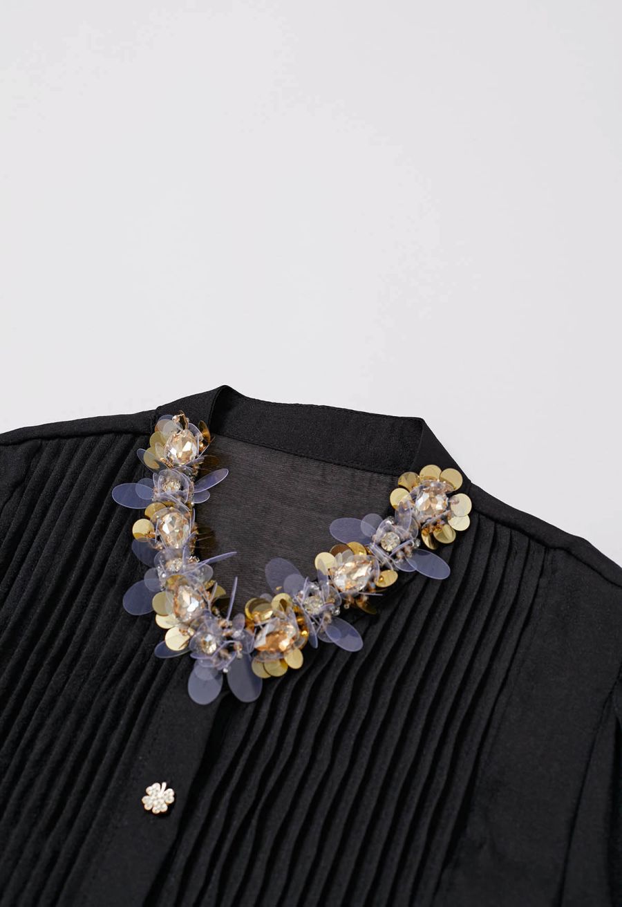 Rhinestones Sequins Trim Pintuck Sheer Buttoned Shirt in Black