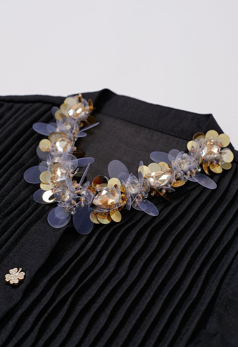 Rhinestones Sequins Trim Pintuck Sheer Buttoned Shirt in Black