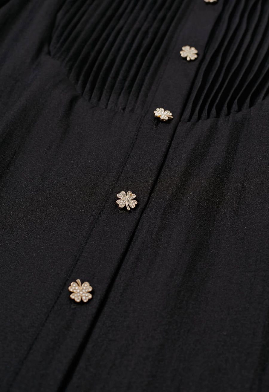 Rhinestones Sequins Trim Pintuck Sheer Buttoned Shirt in Black