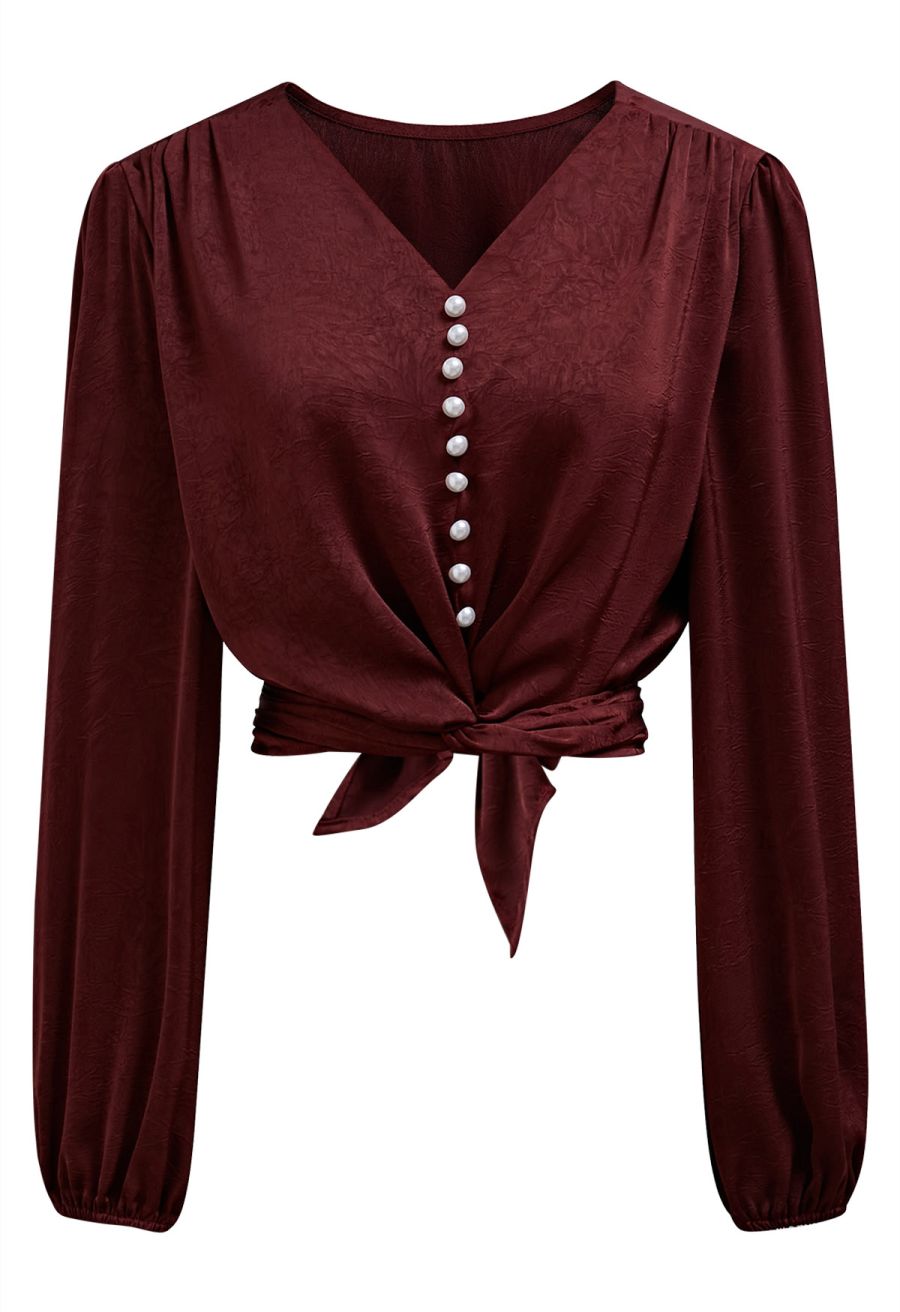 Pearl Decor Self-Tie Bowknot Textured Crop Top in Burgundy