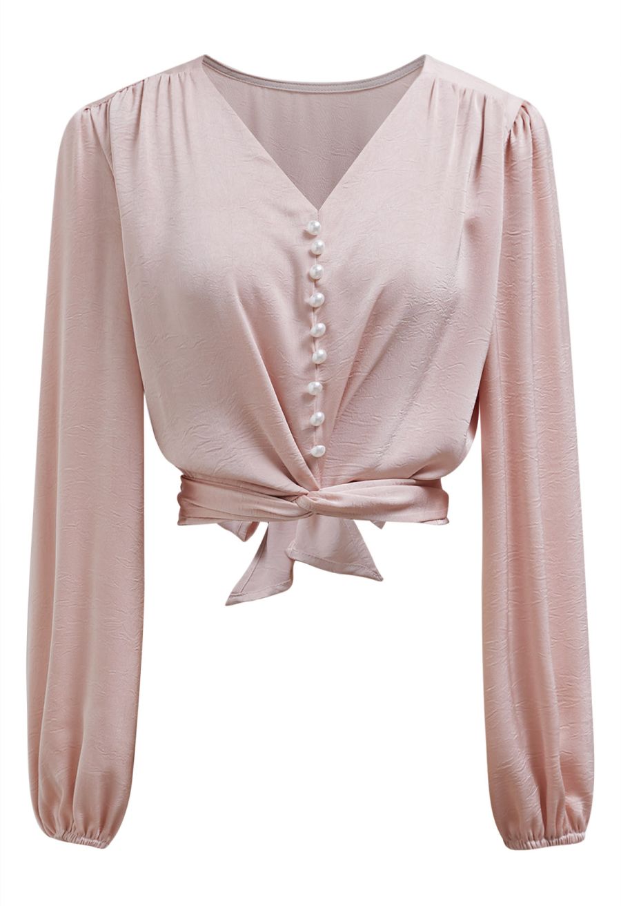 Pearl Decor Self-Tie Bowknot Textured Crop Top in Light Pink