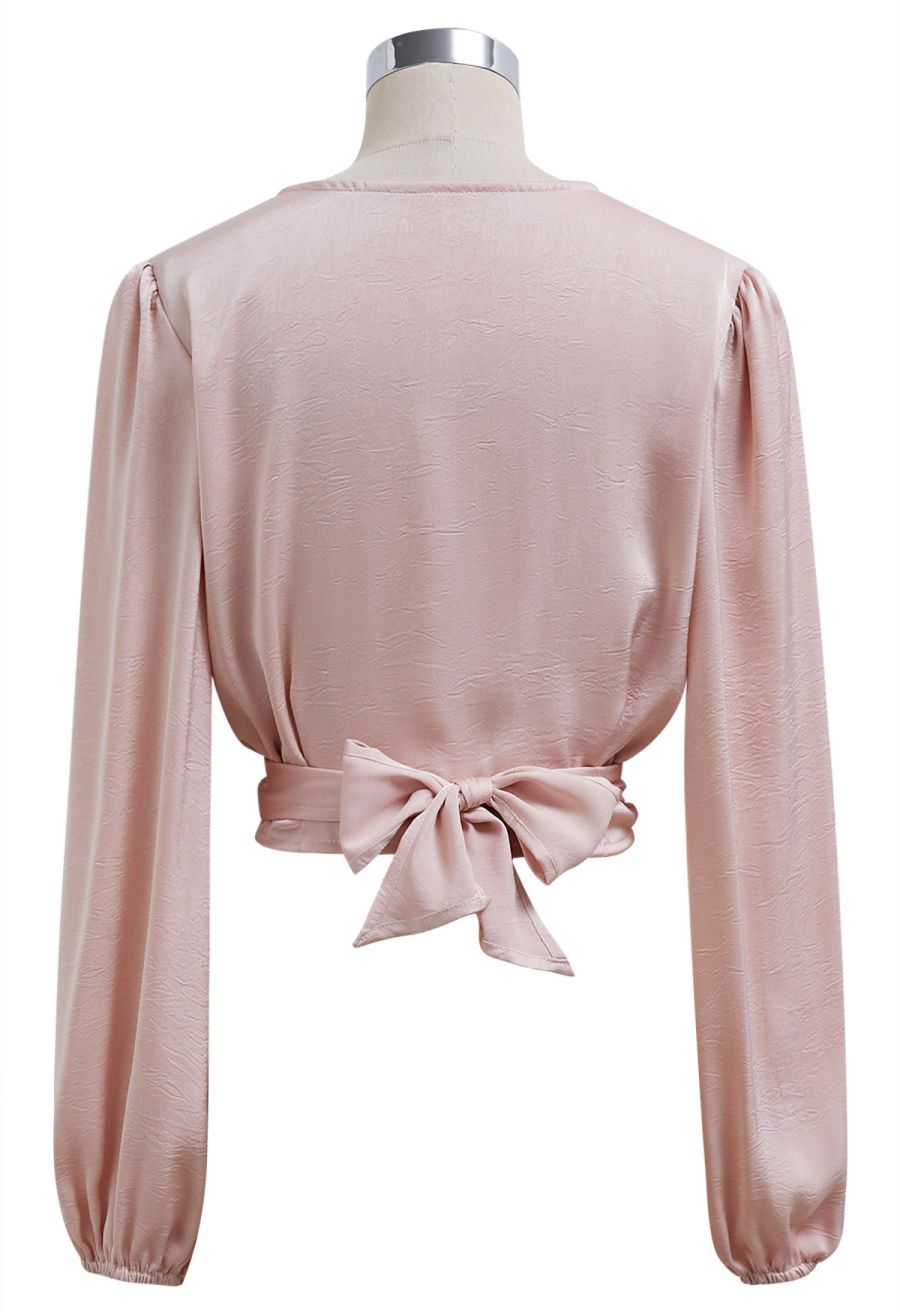 Pearl Decor Self-Tie Bowknot Textured Crop Top in Light Pink