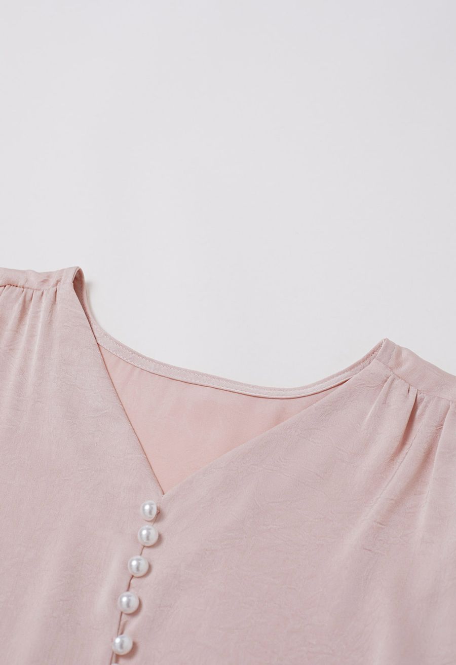 Pearl Decor Self-Tie Bowknot Textured Crop Top in Light Pink