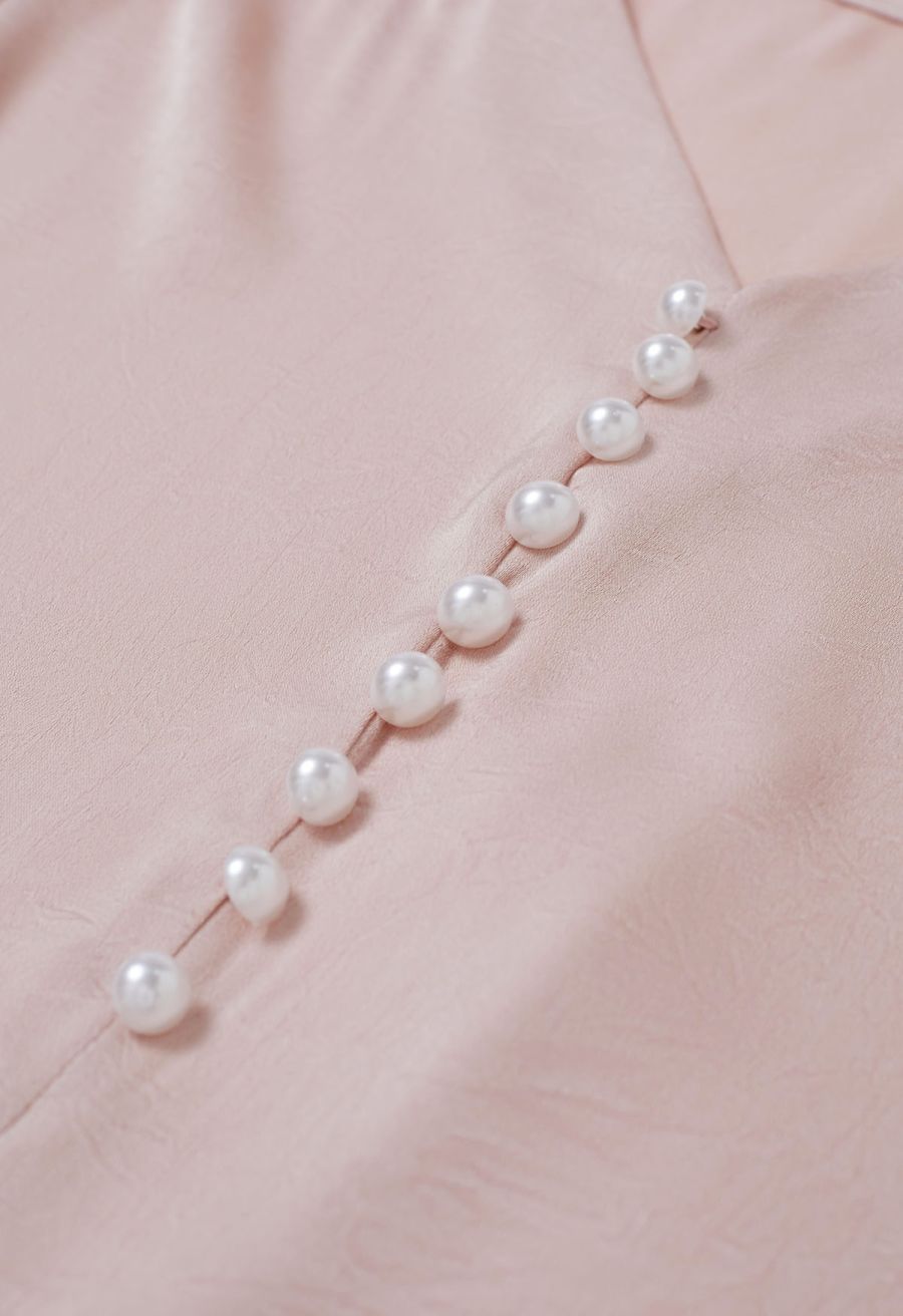 Pearl Decor Self-Tie Bowknot Textured Crop Top in Light Pink