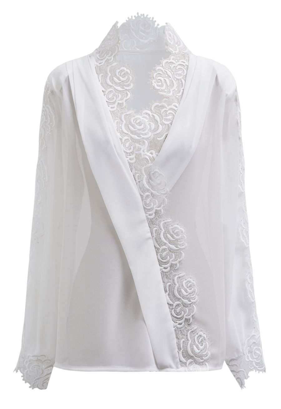Sequin Rose Lace Pad Shoulder Sheer Chiffon Shirt in White