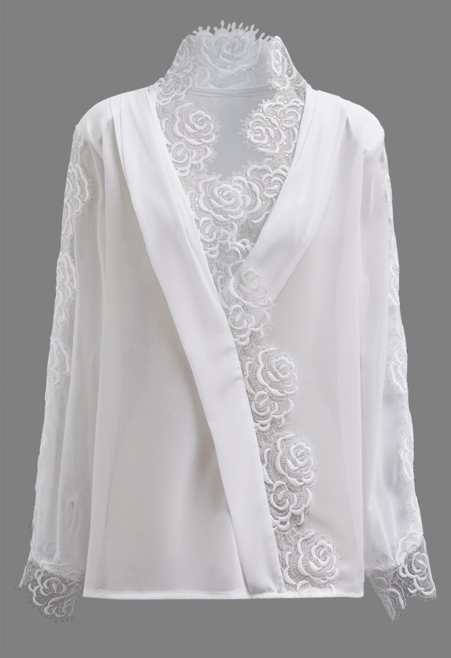 Sequin Rose Lace Pad Shoulder Sheer Chiffon Shirt in White