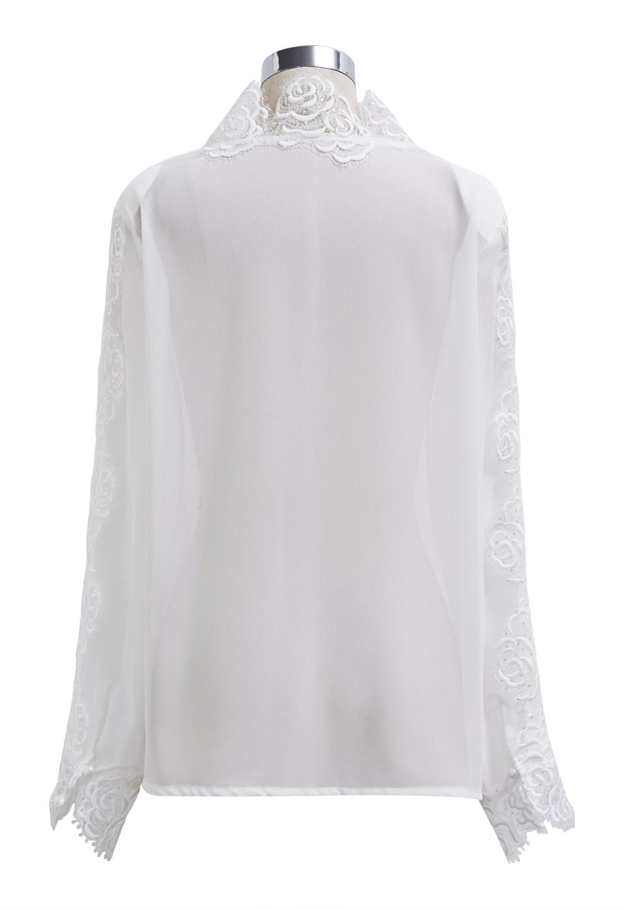 Sequin Rose Lace Pad Shoulder Sheer Chiffon Shirt in White