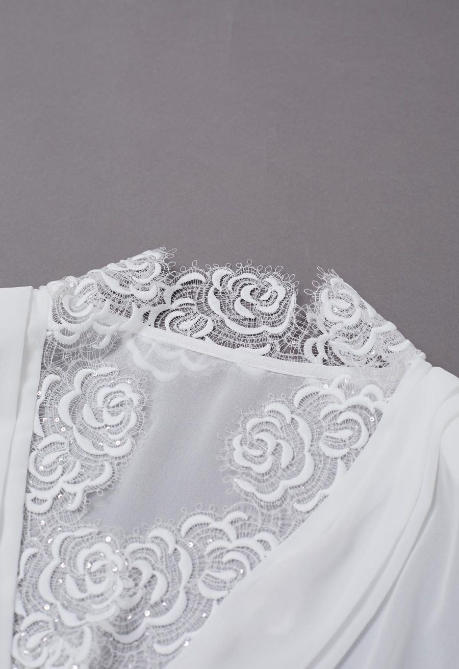 Sequin Rose Lace Pad Shoulder Sheer Chiffon Shirt in White